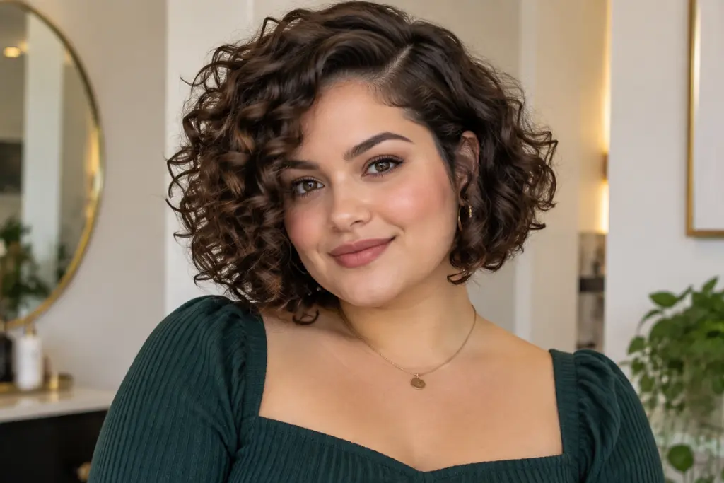 Curly Bob with Side Part for Round Faces