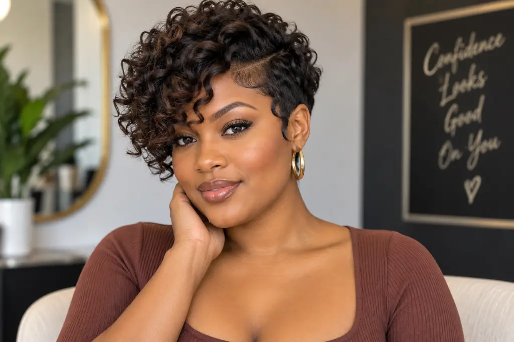 Curly Pixie with Side-Swept Bangs for Square Faces