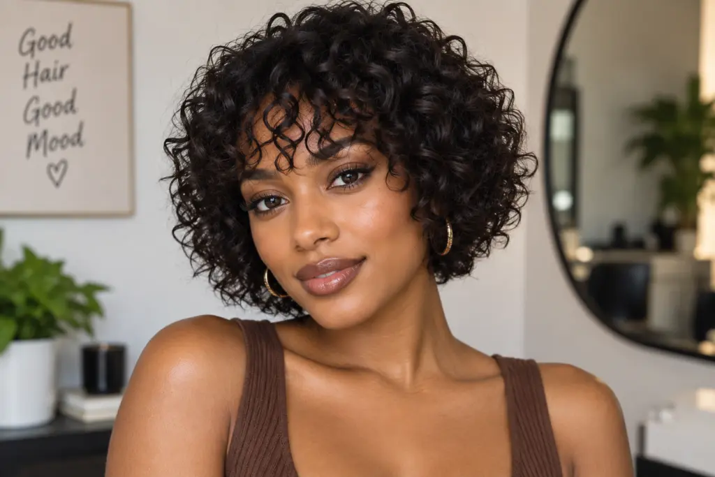 Short Curly Bob with Wispy Fringe for Oval Faces