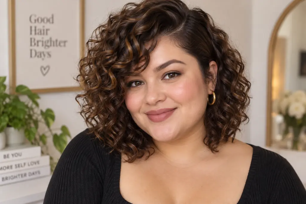 Side-Parted Curly Lob for Round Faces