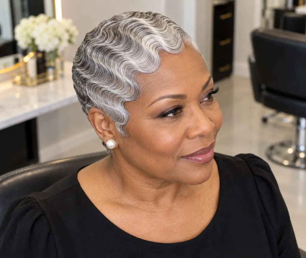 Silver Finger Waves on Short Hair
