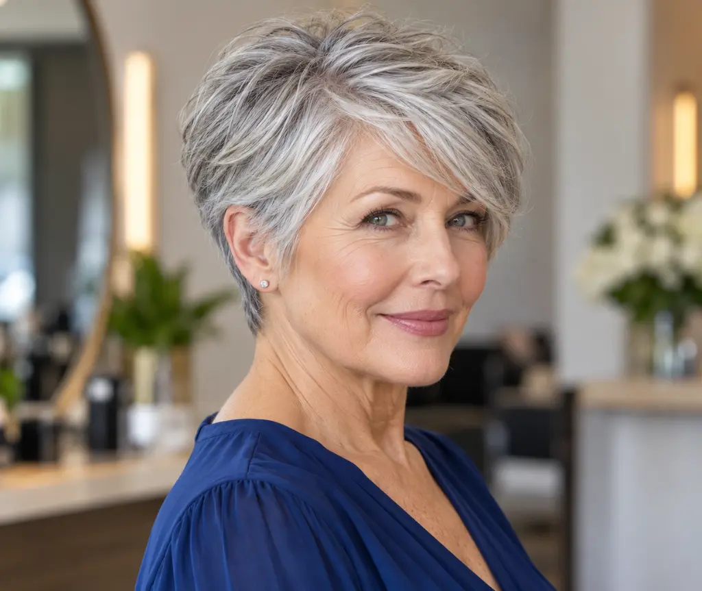 Soft Gray Pixie with Side-Swept Bangs