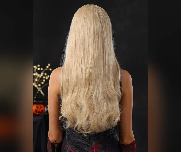 Floor-length blonde waves seen from behind against a dark Halloween backdrop with a glowing pumpkin, a dramatic long hair look for Halloween night