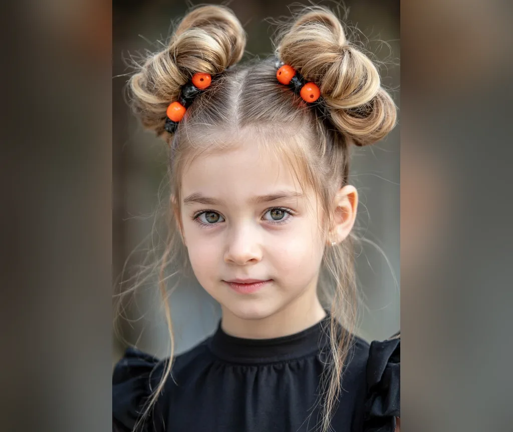 Blonde double buns decorated with orange pumpkin beads, front view halloween hairstyles for girls