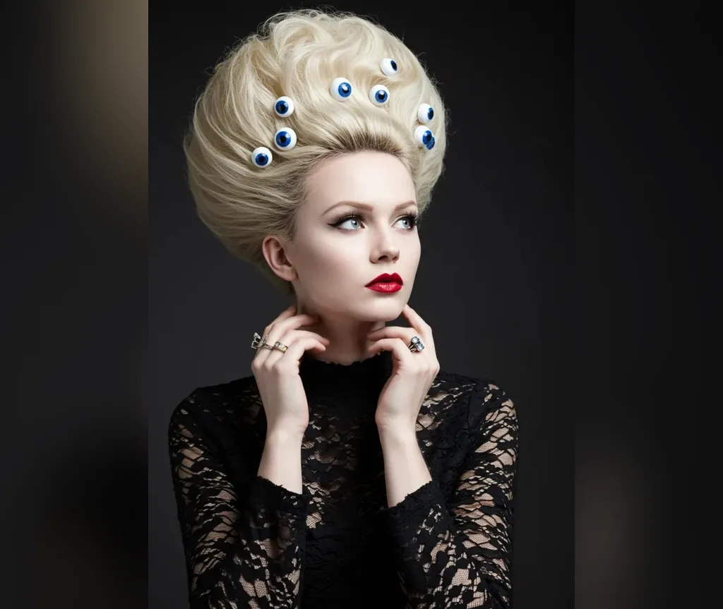 Towering blonde beehive decorated with eyeball pins, a dramatic pick among halloween hairstyles for women