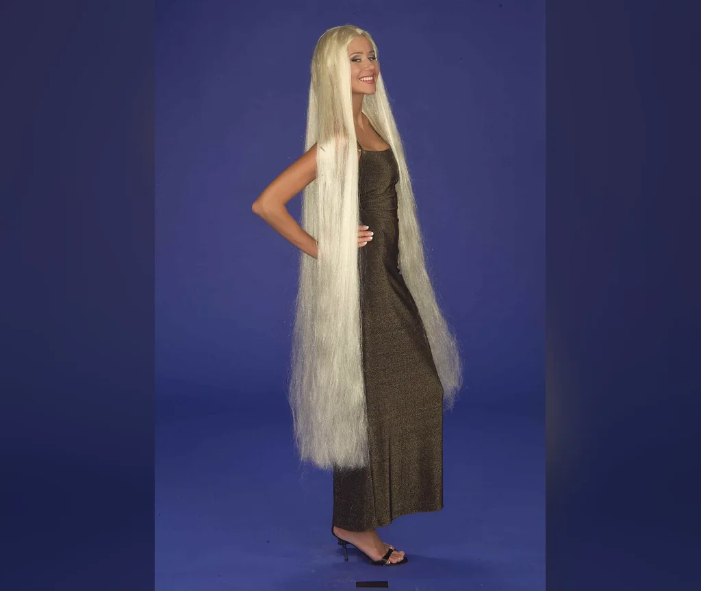 Full figure look with floor length platinum straight hair falling to the ground, ghostly halloween hairstyles for long hair