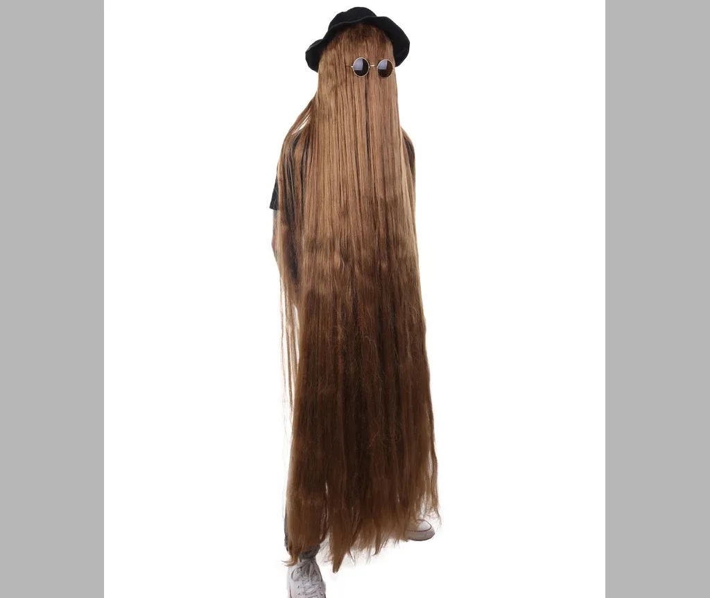 Extremely long straight brown hair worn past the knees with a small dark hat, knee length halloween hair for women