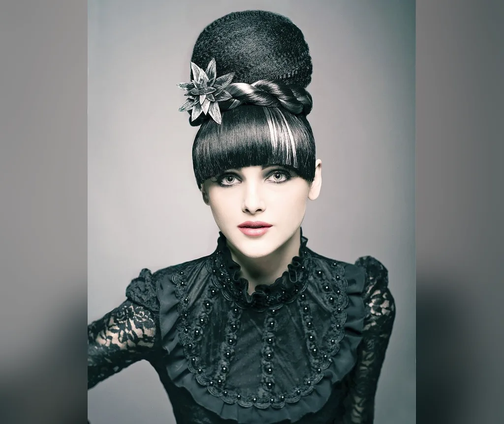 Victorian beehive bun with blunt bangs and star clip, elegant halloween hairstyles for women with gothic charm