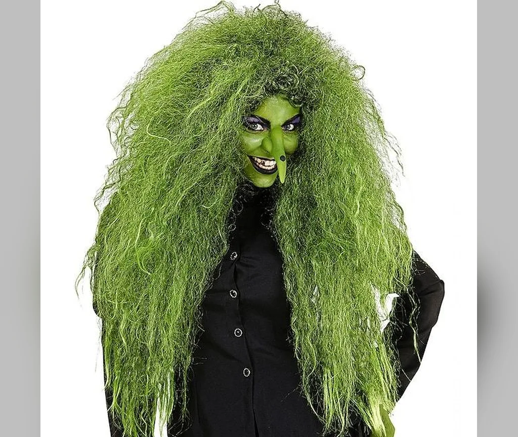 Huge green crimped witch mane wig, one of the boldest halloween hairstyles for women for a wicked look