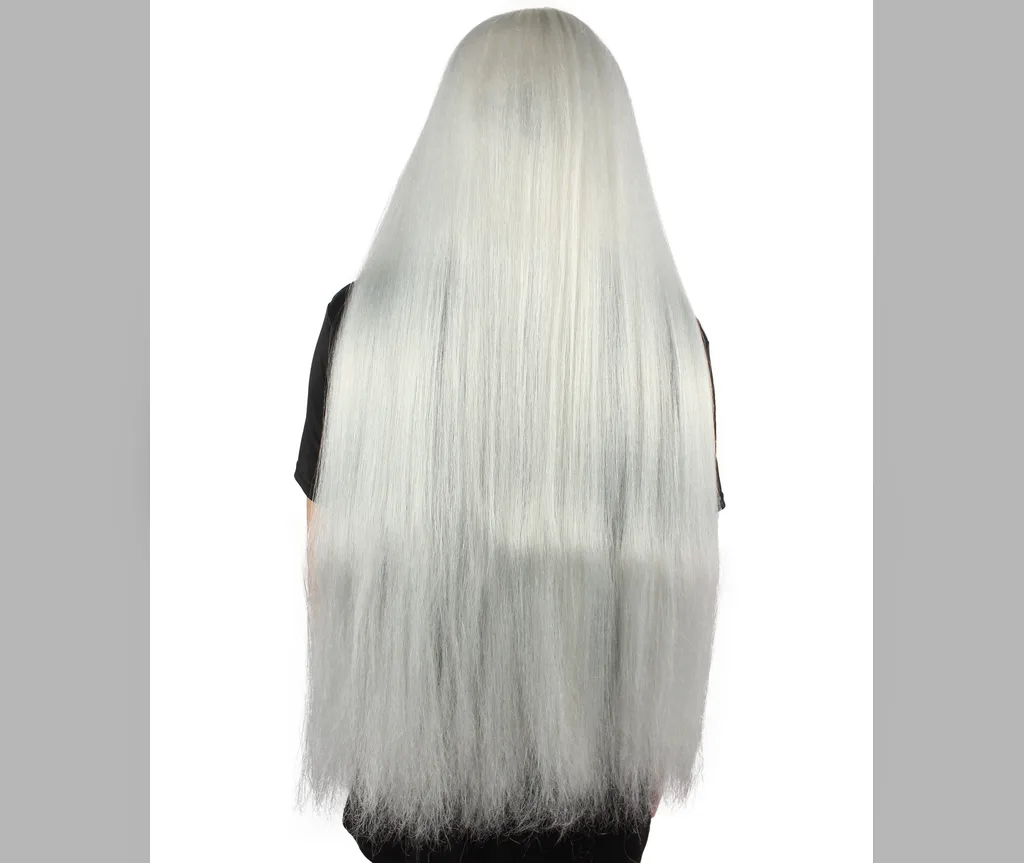 Back view of extra long ghost white straight hair reaching toward the knees, spooky halloween hairstyles for long hair