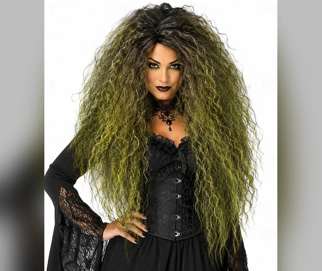 Green and black crimped witch hair with huge volume, spooky halloween hairstyles for women who love drama