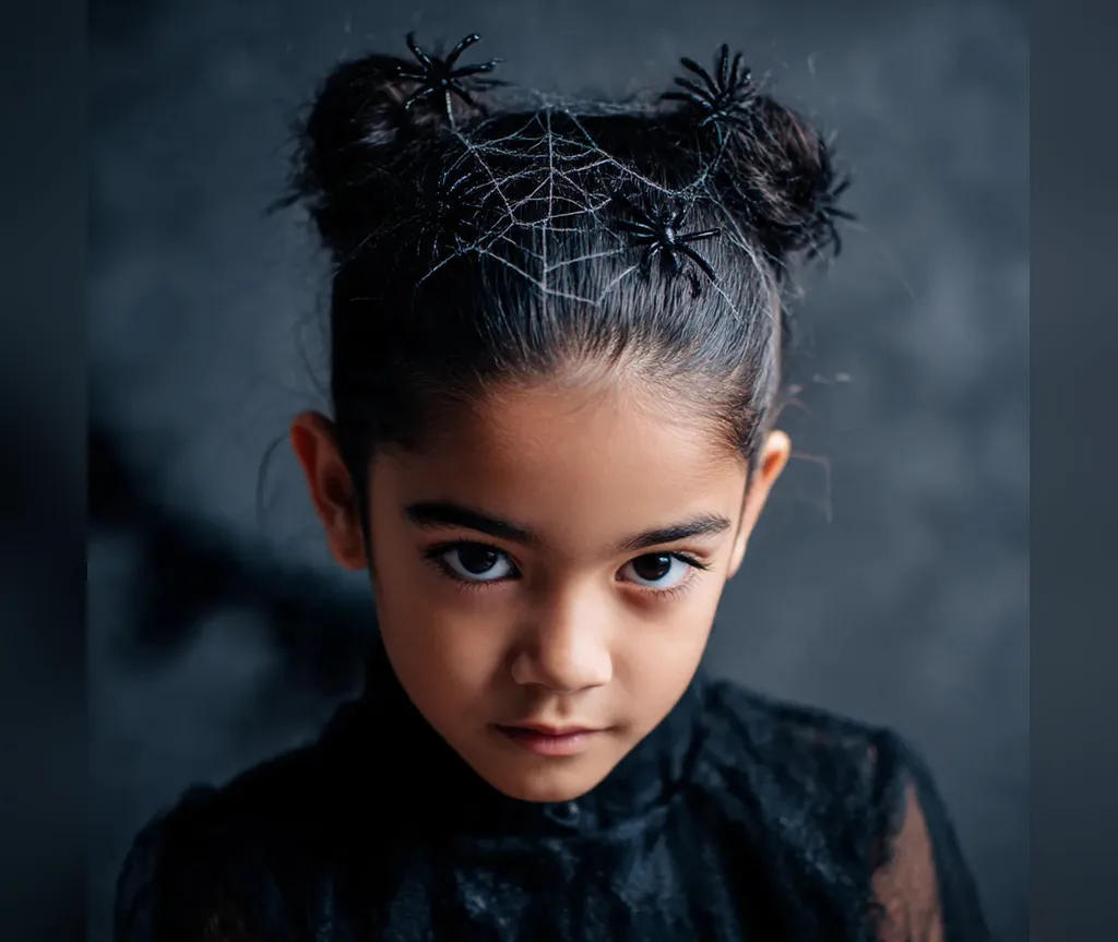 Space buns decorated with a spiderweb design, creative halloween hairstyles for girls