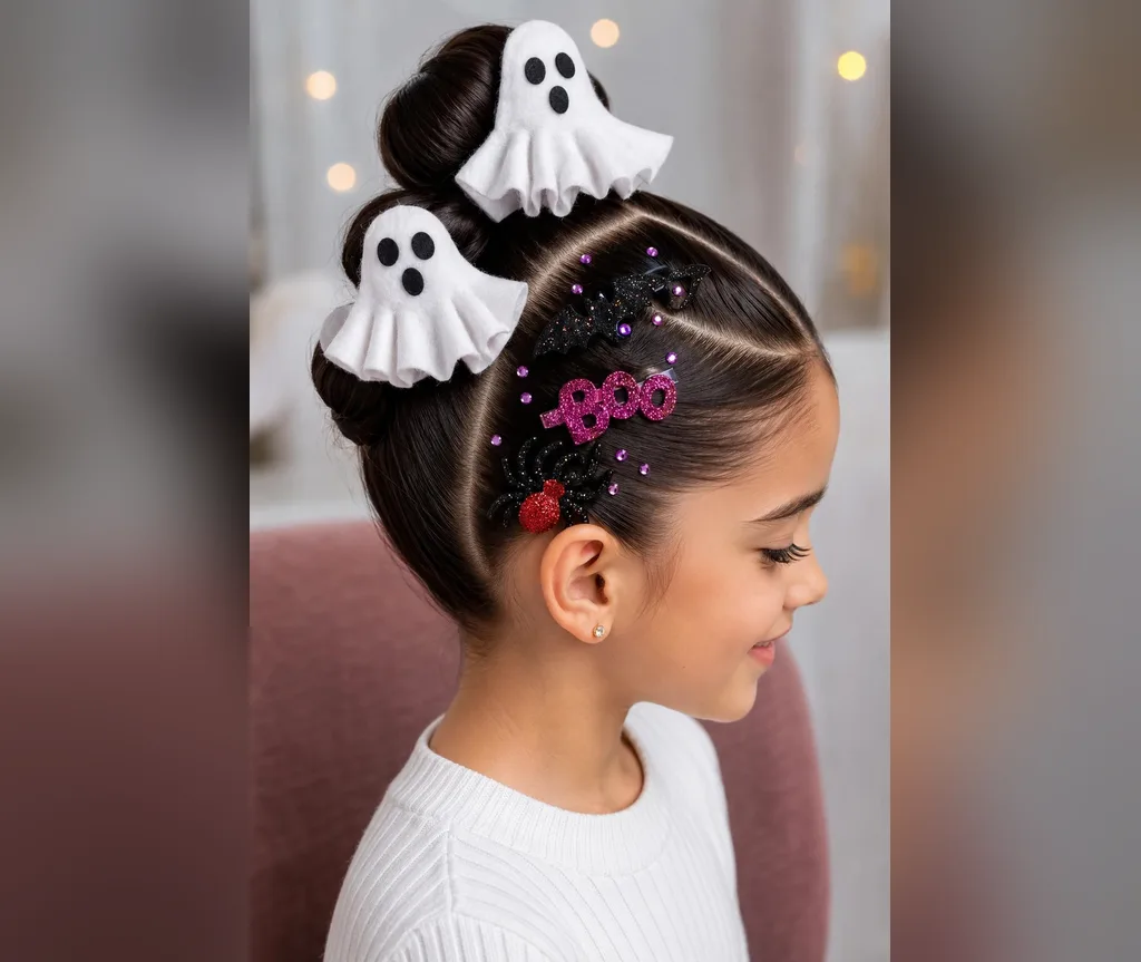 Sweet buns with white ghost and boo clips in friendly halloween hairstyles for girls
