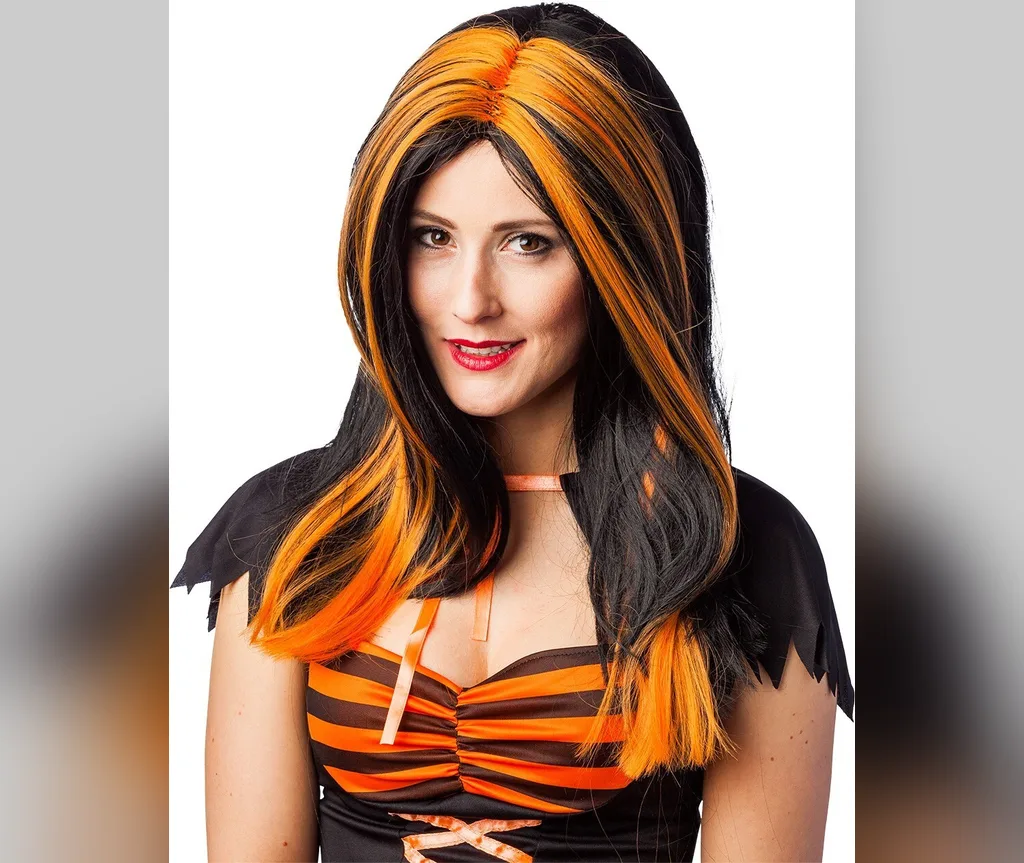 Black hair with bold orange streaks in halloween hair color ideas