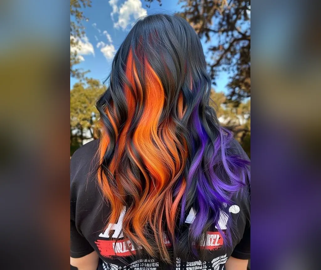 Orange and purple flame waves in outdoor halloween hair color ideas