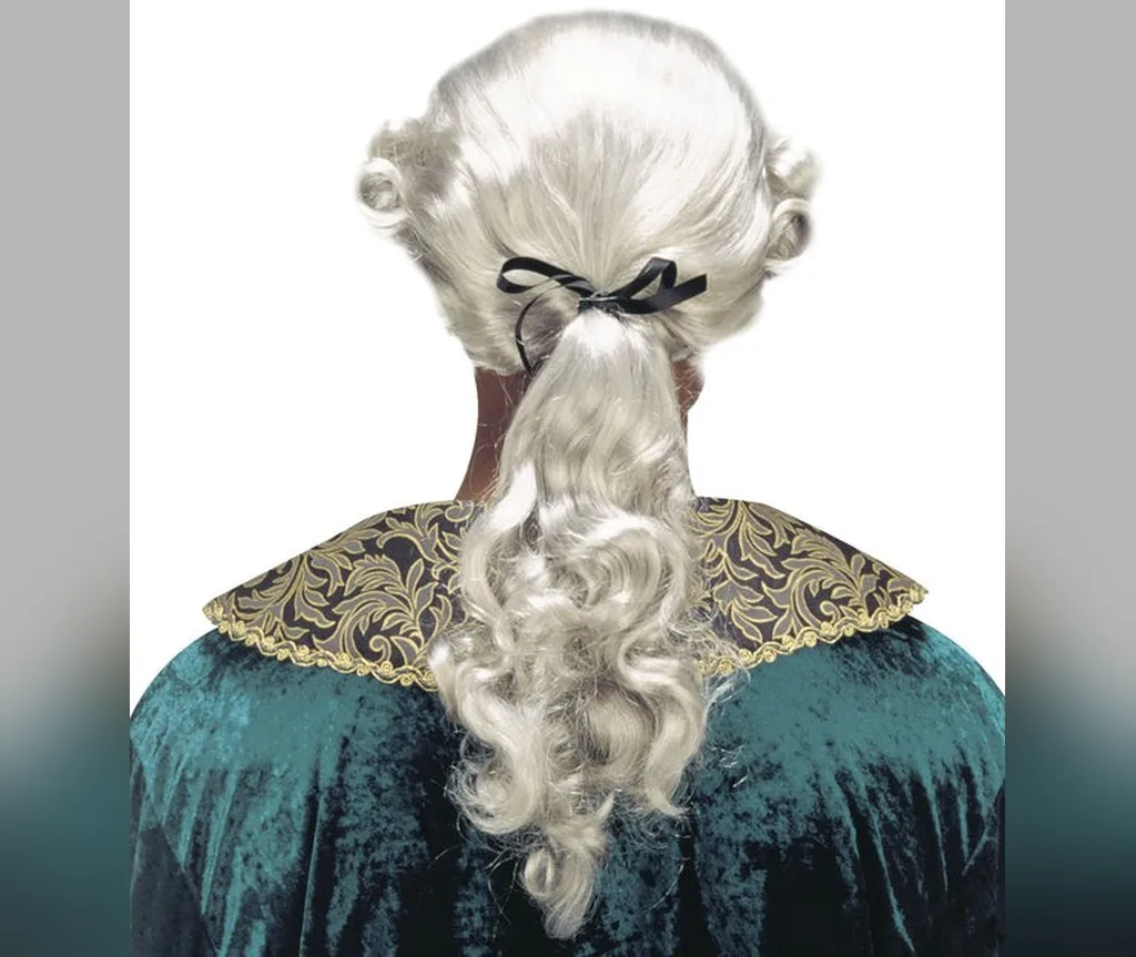 White colonial style ponytail wig seen from behind, a historical ghost halloween hairstyle for long hair