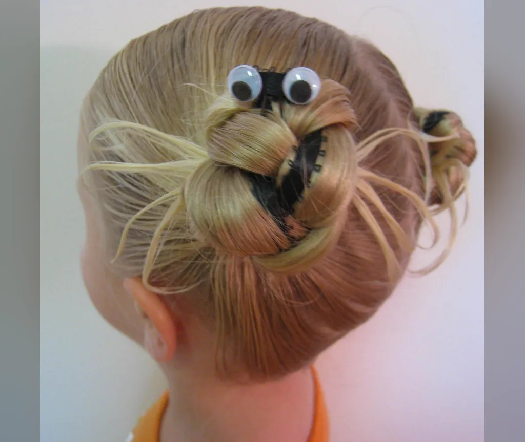 Spider bun surrounded by braided legs made from her own hair, clever halloween hairstyles for girls