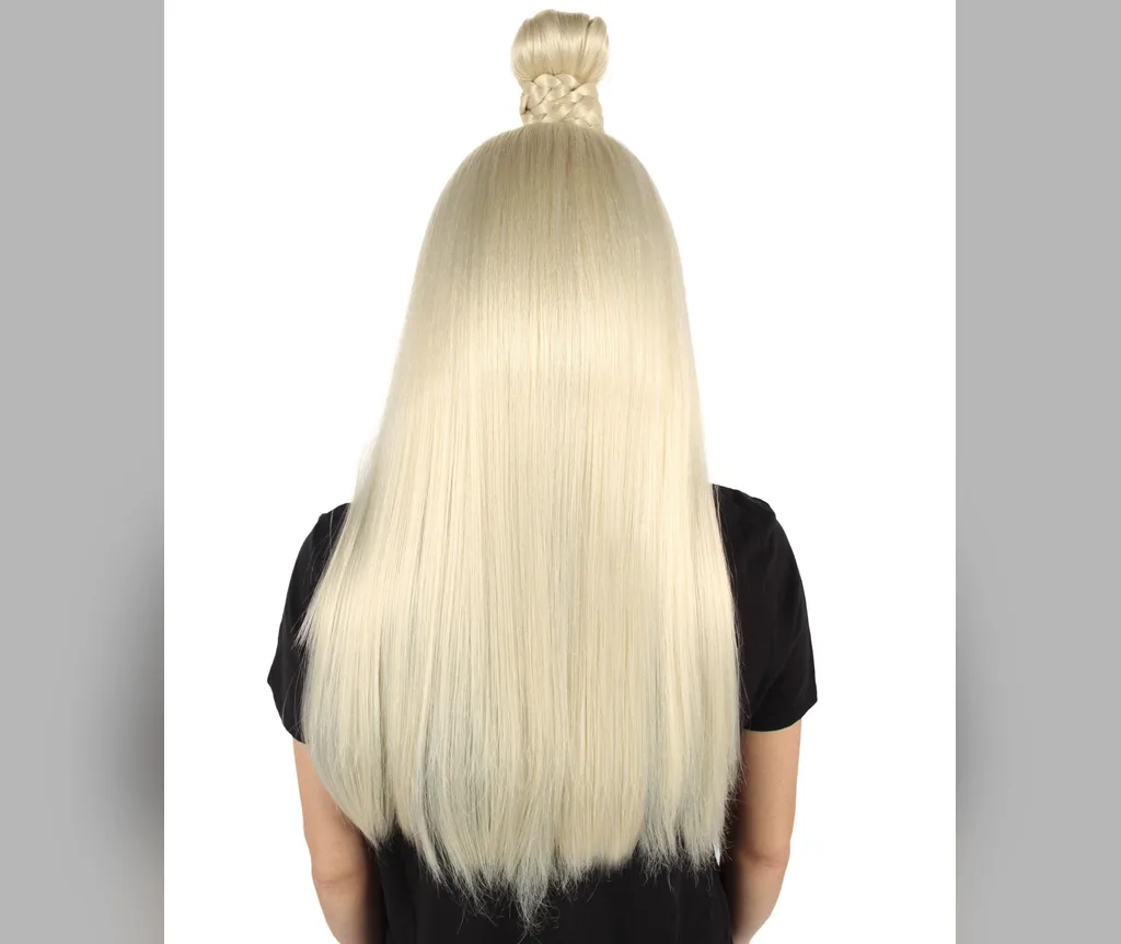 Platinum straight long hair with a small braided bun on top, playful halloween hairstyles for long hair
