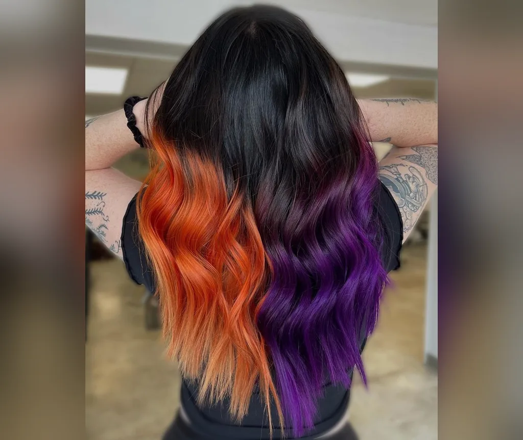 Orange and purple split ends in halloween hair color ideas