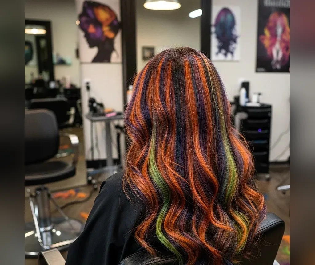Rainbow striped waves in a salon for halloween hair color ideas