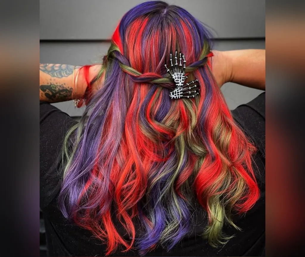 Rainbow waves with a skeleton clip in halloween hair color ideas