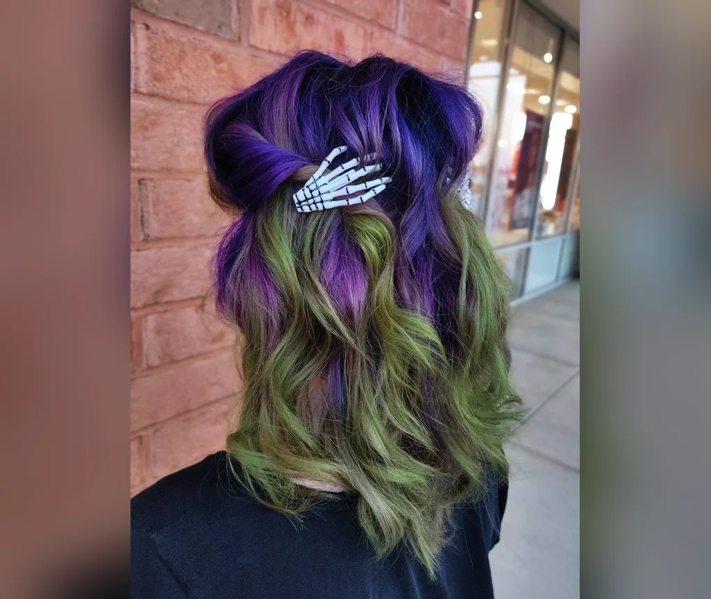 Purple to green ombre half up style in halloween hair color ideas