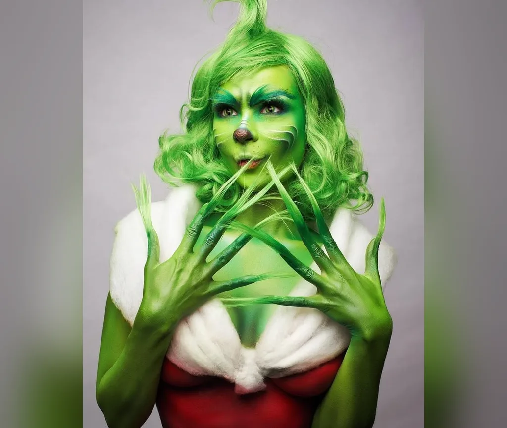 Bright Grinch green waves, mischievous halloween hairstyles for women with vivid green hair color