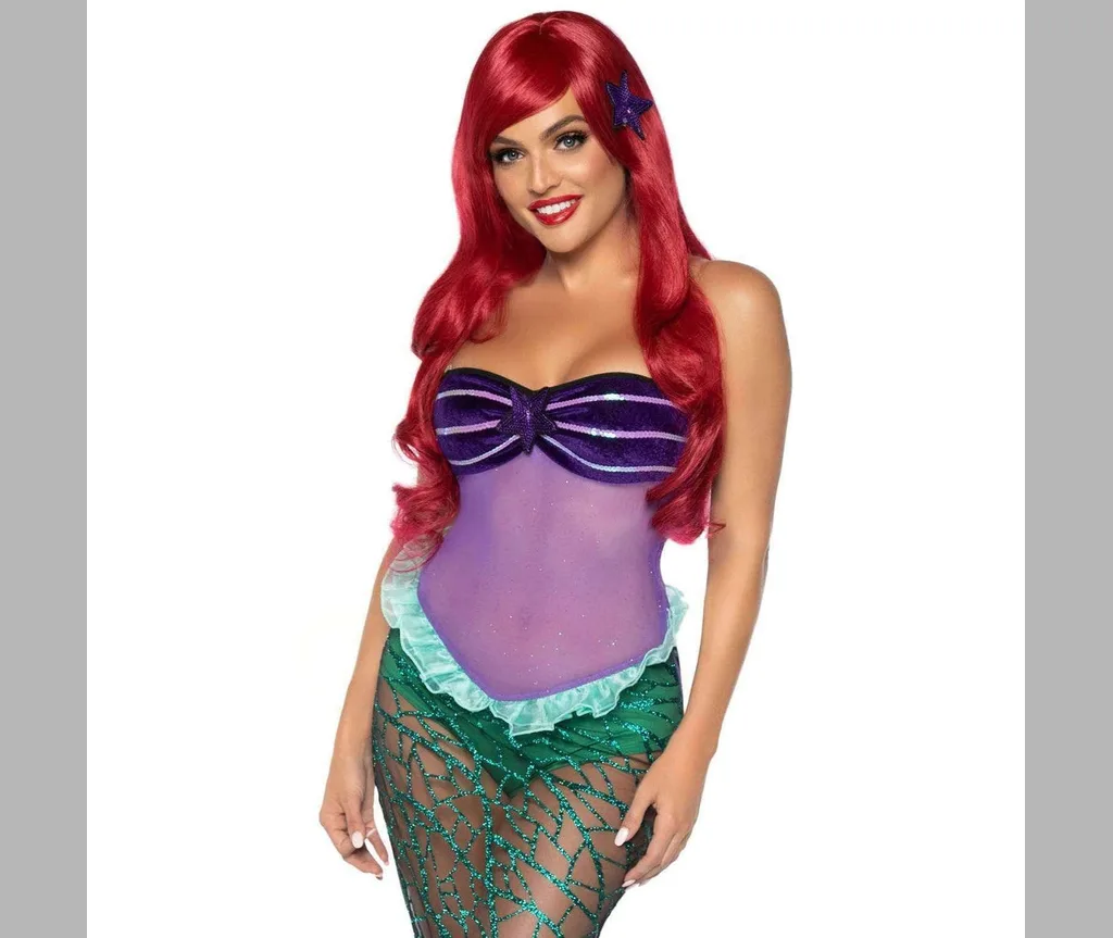 Mermaid costume paired with long red waves, a classic sea siren halloween hairstyle for long hair