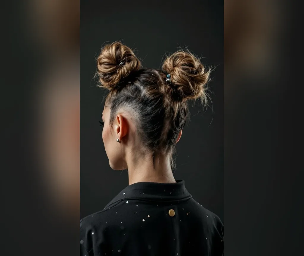 Double messy buns with an undercut seen from the back, edgy easy halloween hairstyle