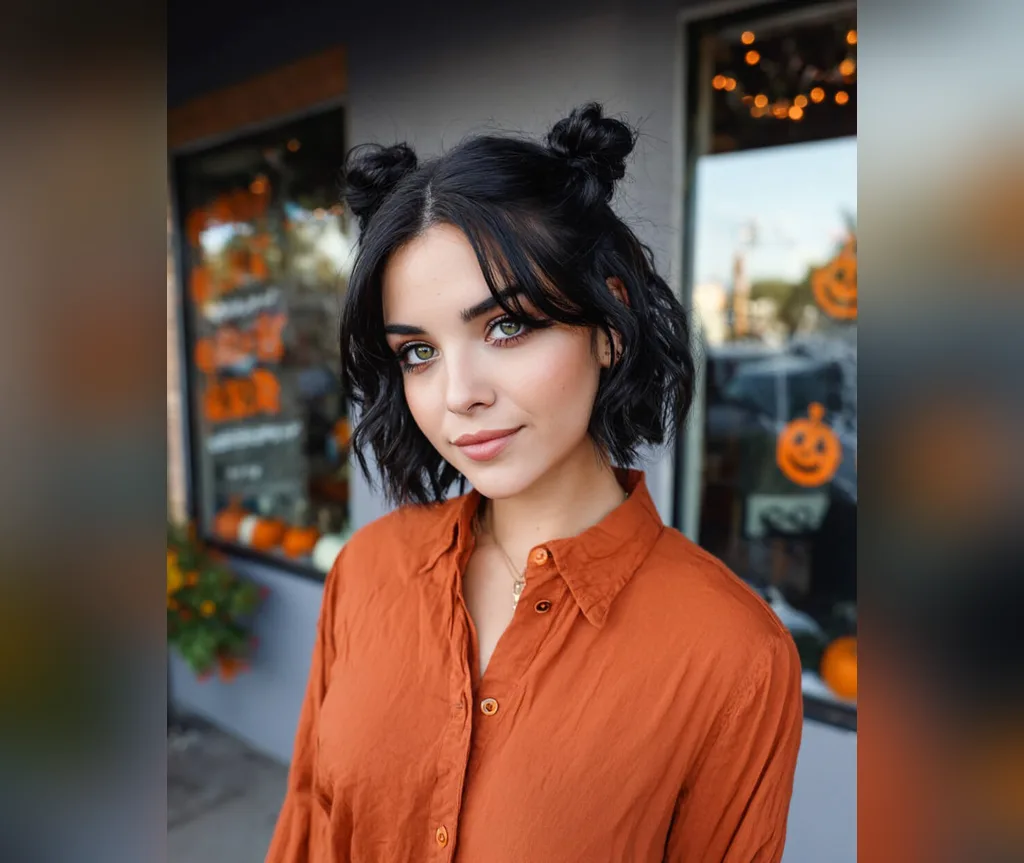 Black bob with mini space buns, easy halloween hairstyle for short hair
