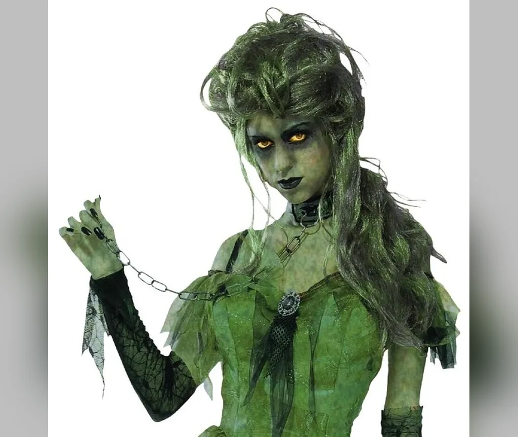 Green zombie updo on a clean background, undead glam halloween hairstyles for women