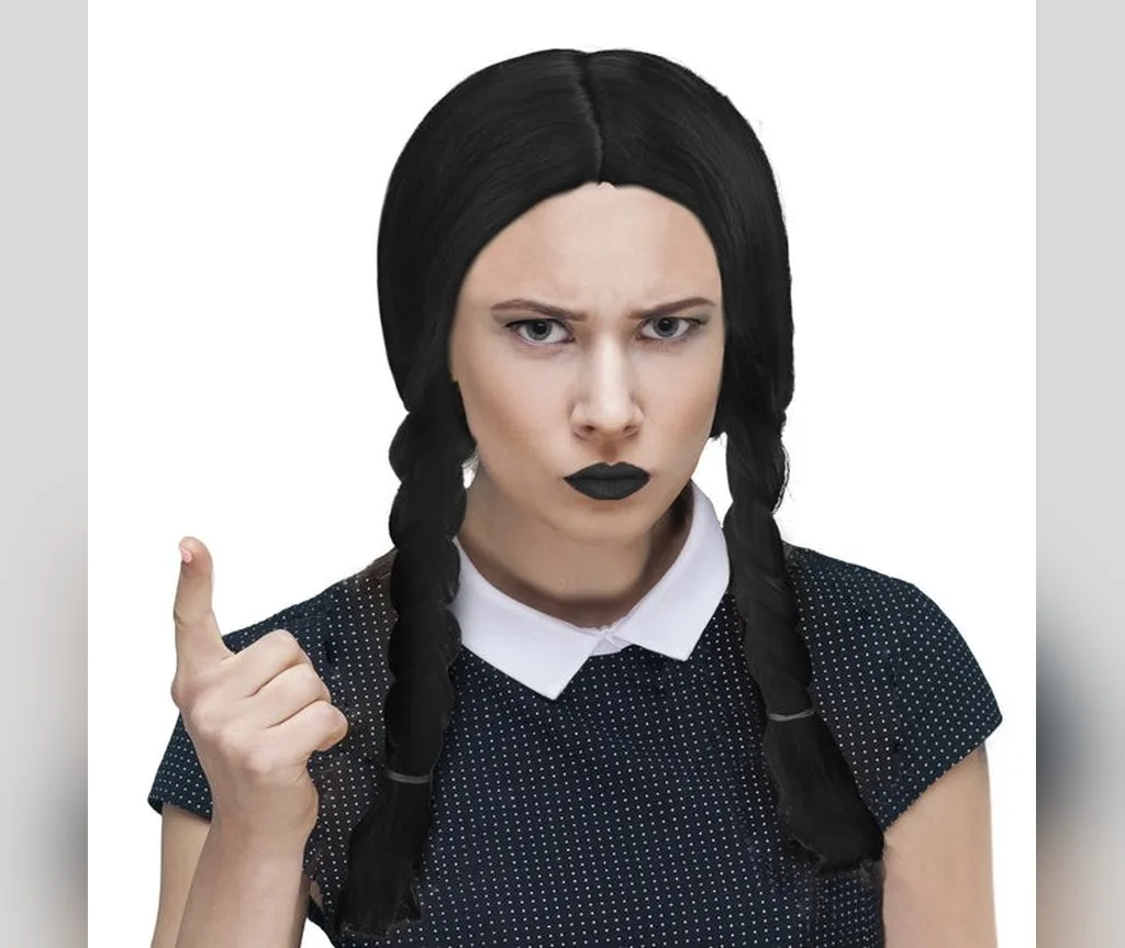 Wednesday braids with a white collared dress and dark lipstick, simple character hairstyle