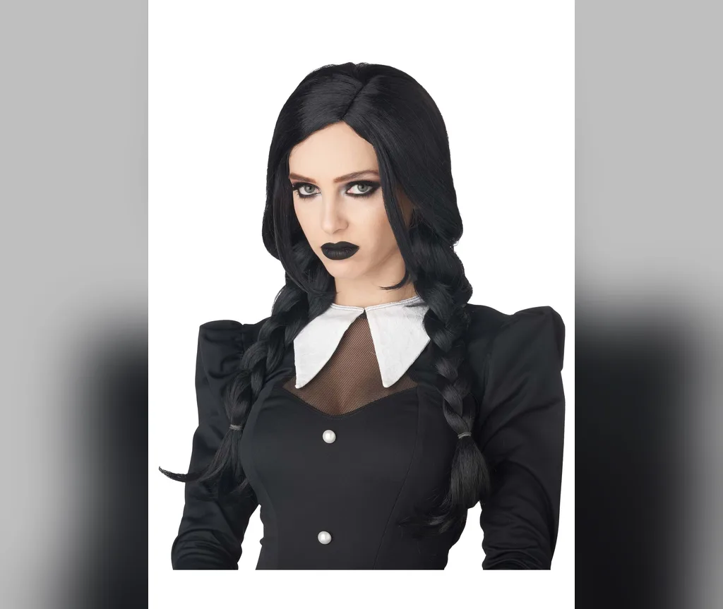 Wednesday style twin braids with a dark dress, gothic schoolgirl halloween hairstyles for women