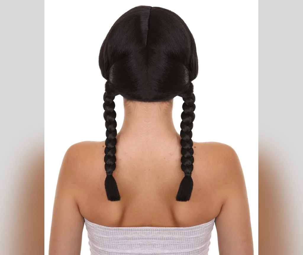Long black twin braids seen from the back, neat easy halloween hairstyle