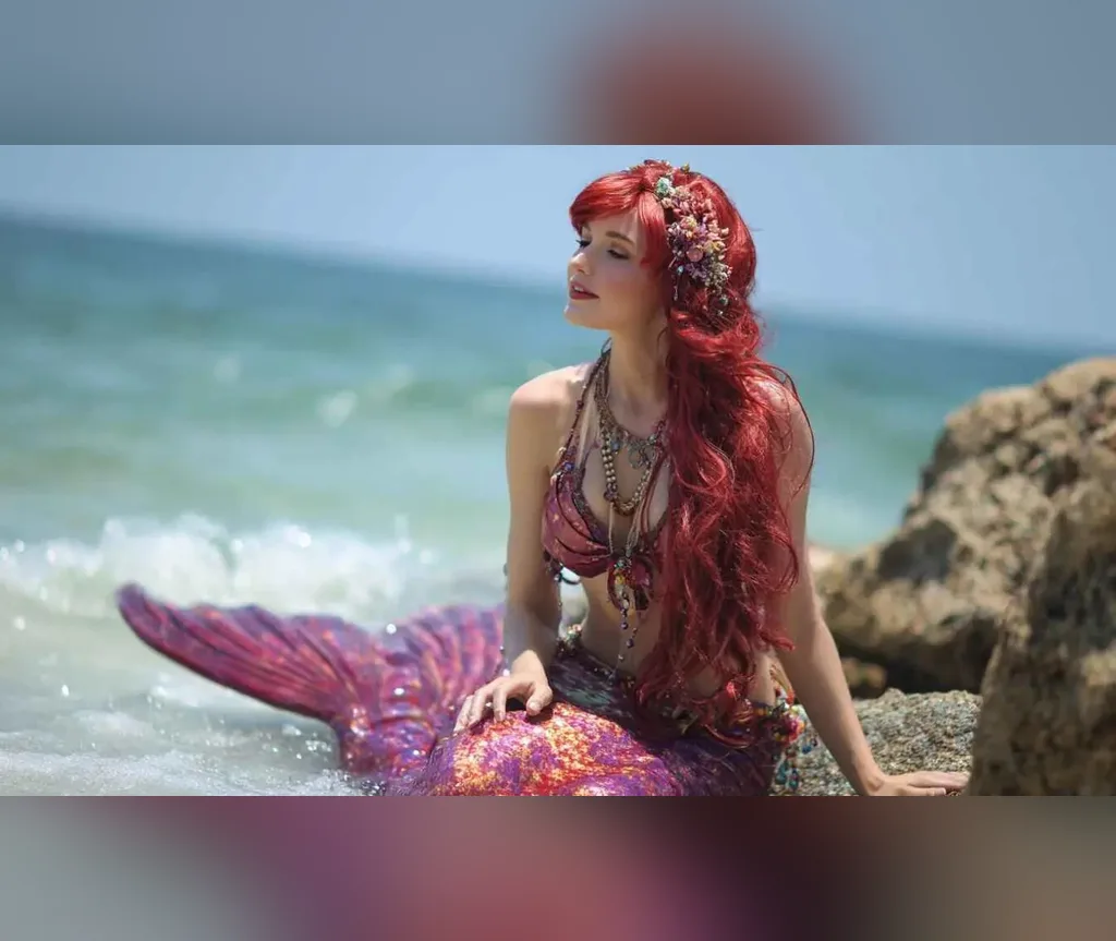 Long red beach mermaid hair in flowing waves, seaside halloween hairstyles for women