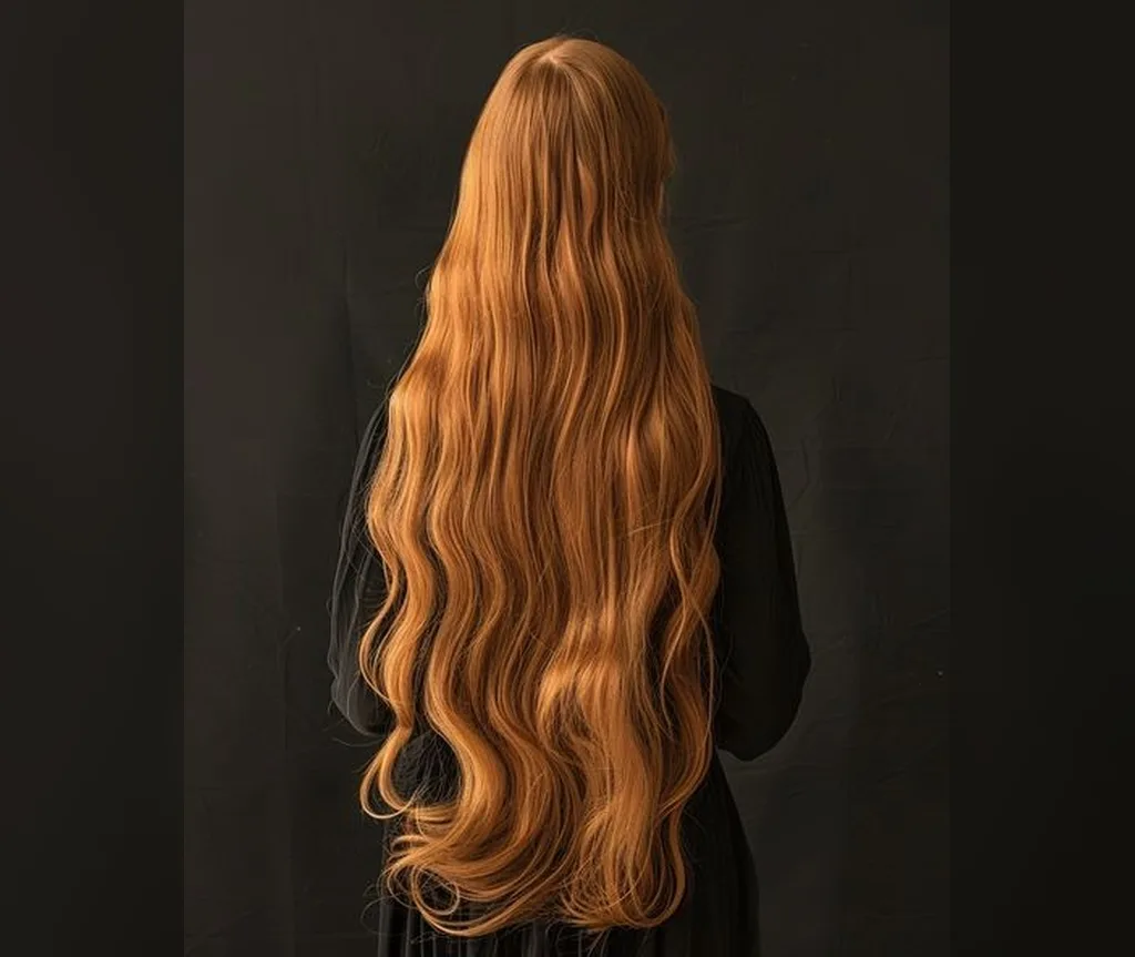 Very long copper waves glowing against a dark background, autumn witch halloween hair for long hair