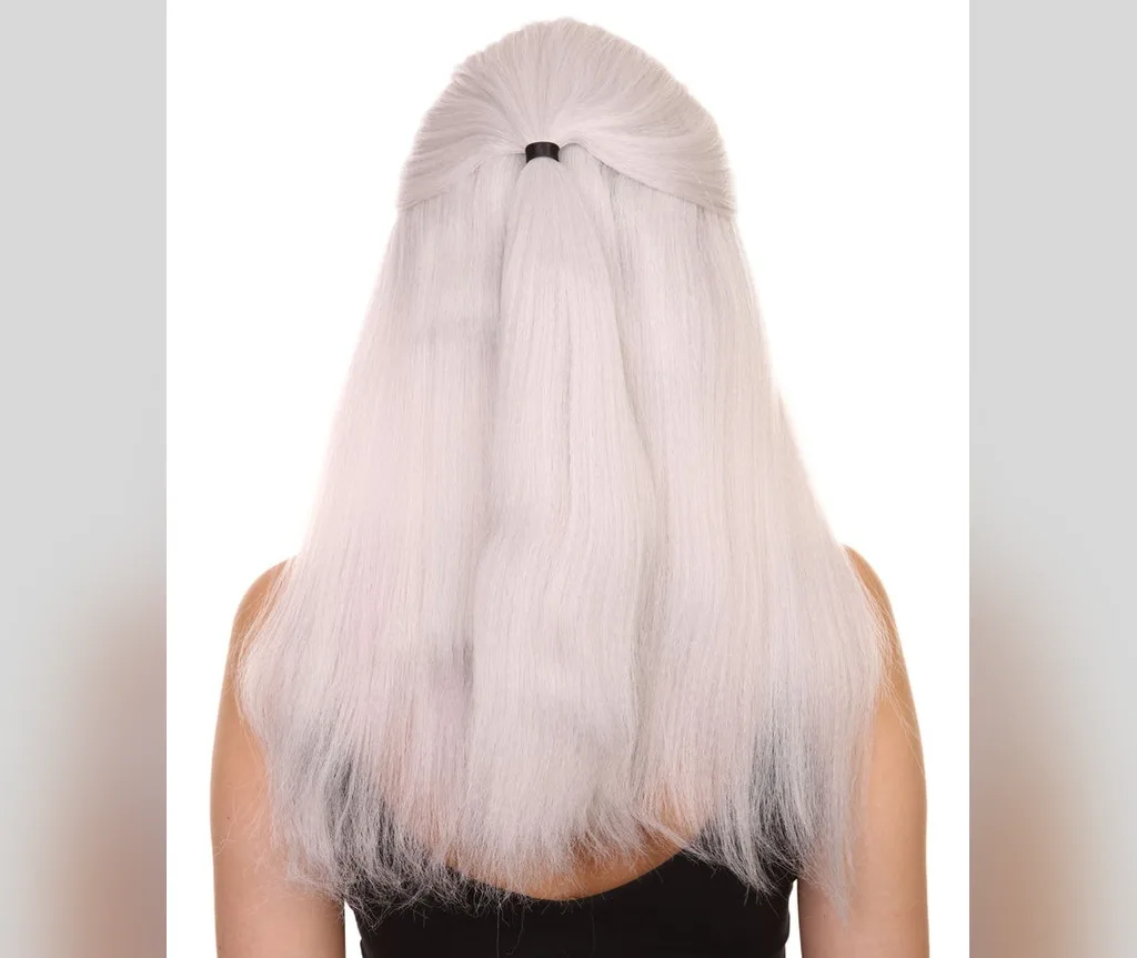 Ghost white half up ponytail seen from the back, ethereal easy halloween hairstyle