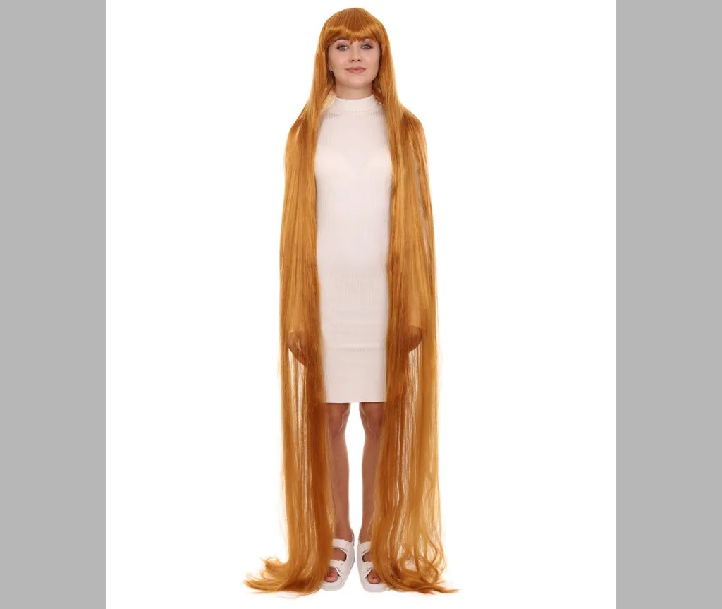 Floor length orange hair pooling at the feet, a dramatic fantasy halloween hairstyle for long hair