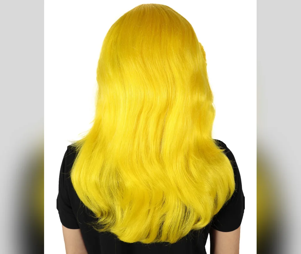 Neon yellow wig in long waves seen from the back, zero-effort halloween hairstyle