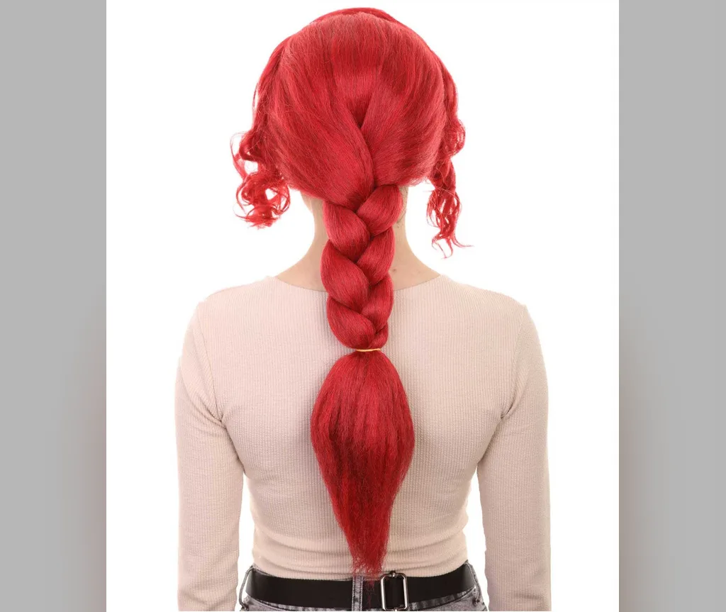 Bright red chunky braid ponytail seen from behind, playful halloween hairstyles for long hair