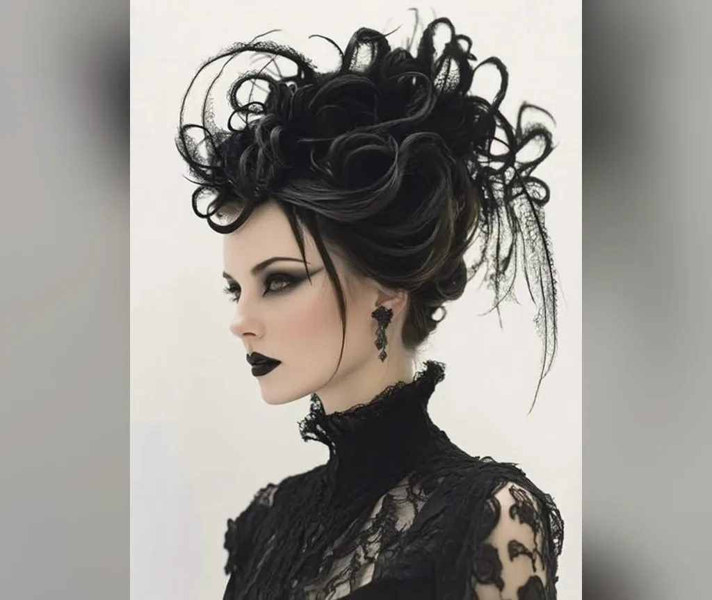 Wild black sculpted updo with swirling tendrils, avant-garde halloween hairstyles for women