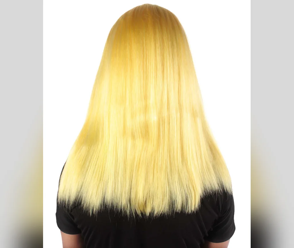 Pale yellow sleek long wig seen from the back, easy throw-on halloween hairstyle