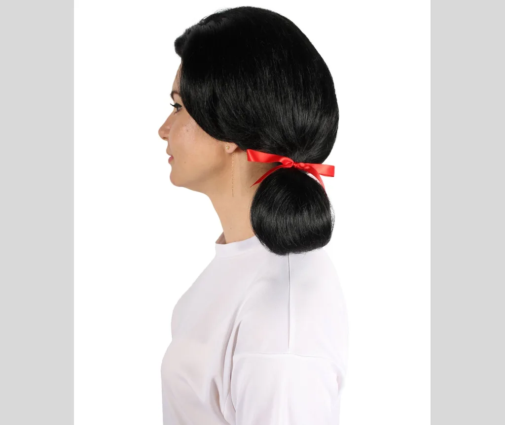 Sleek black low ponytail with a red ribbon in profile, chic gothic halloween hairstyle