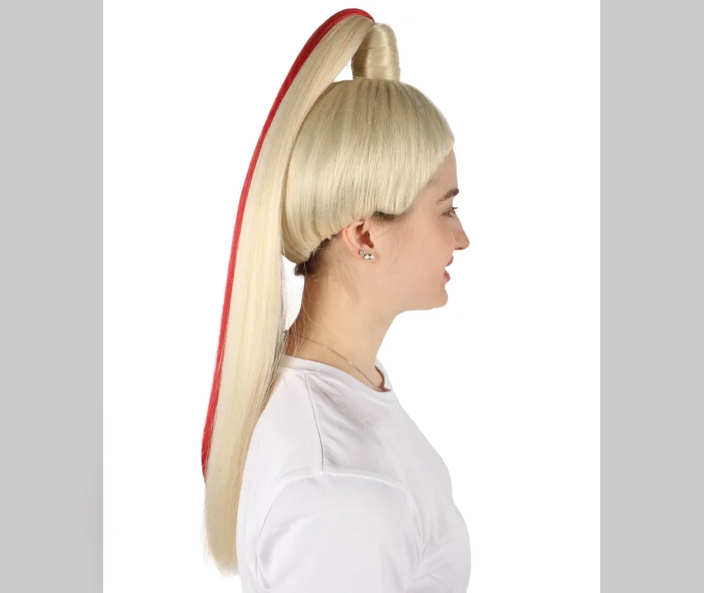 Platinum ponytail with a red streak in halloween hair color ideas