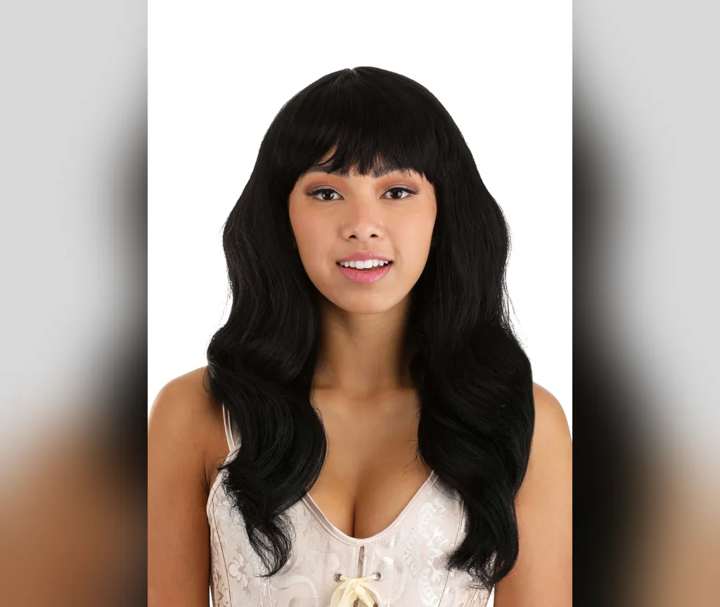 Simple black waves with blunt bangs, natural easy halloween hairstyle with no accessories