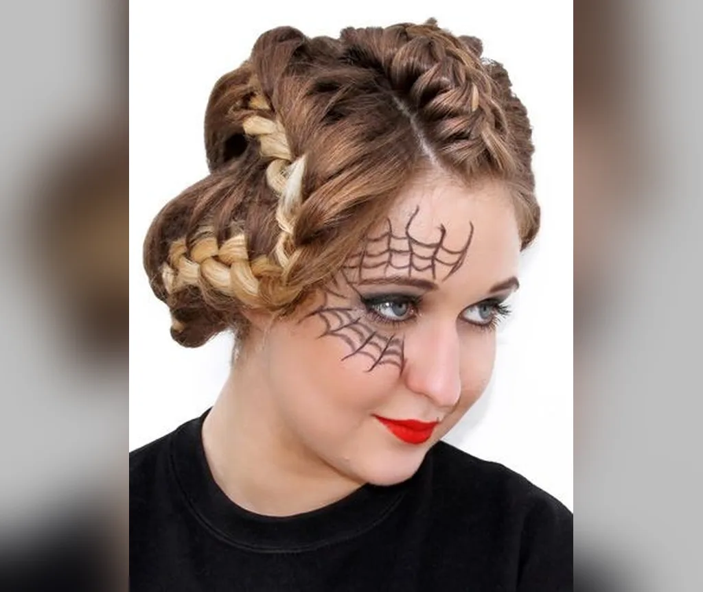 Braided crown updo with spiderweb face paint, artistic halloween hairstyles for women