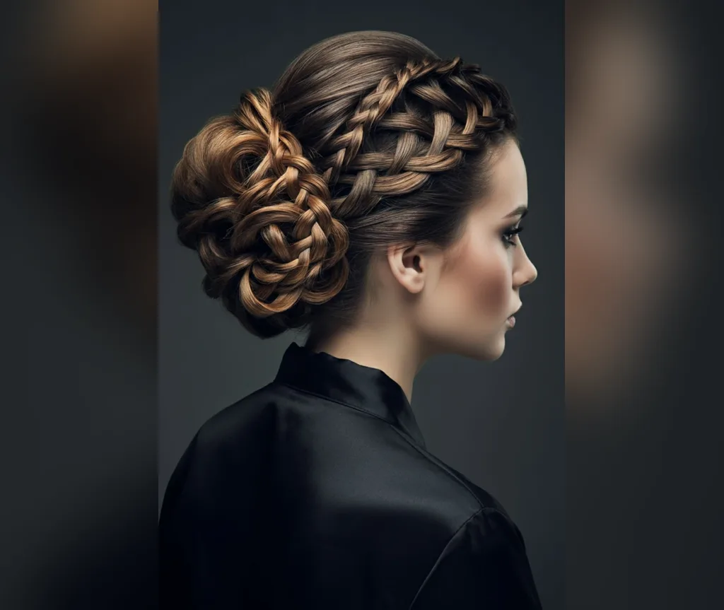 Intricate woven braided rosette low bun in profile, sophisticated halloween hairstyles for women