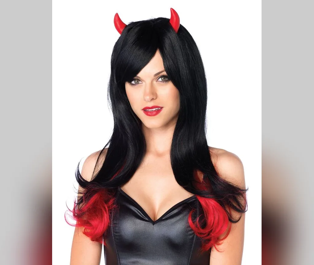 Black hair with red ends and devil horns in halloween hair color ideas