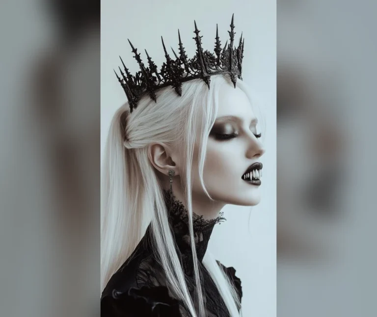 White-haired vampire queen with a dark crown