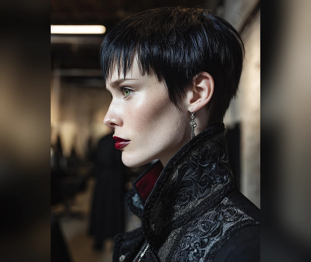 Fierce dark pixie cut with sharp styling